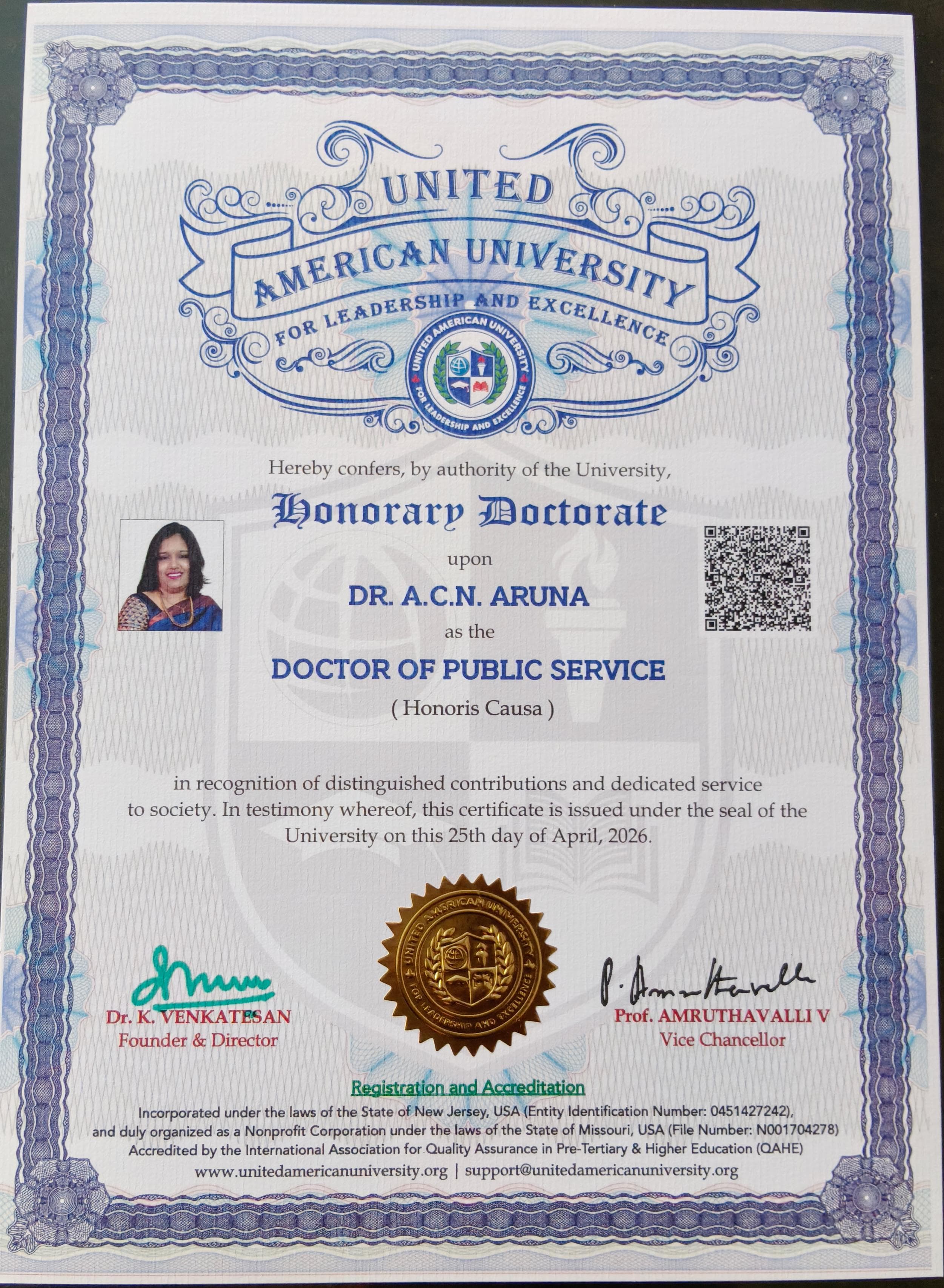 HONORARY DOCTORATE - DOCTOR OF PUBLIC SERVICE FROM UNITED AMERICAN UNIVERSITY FOR LEADERSHIP AND EXCELLENCE